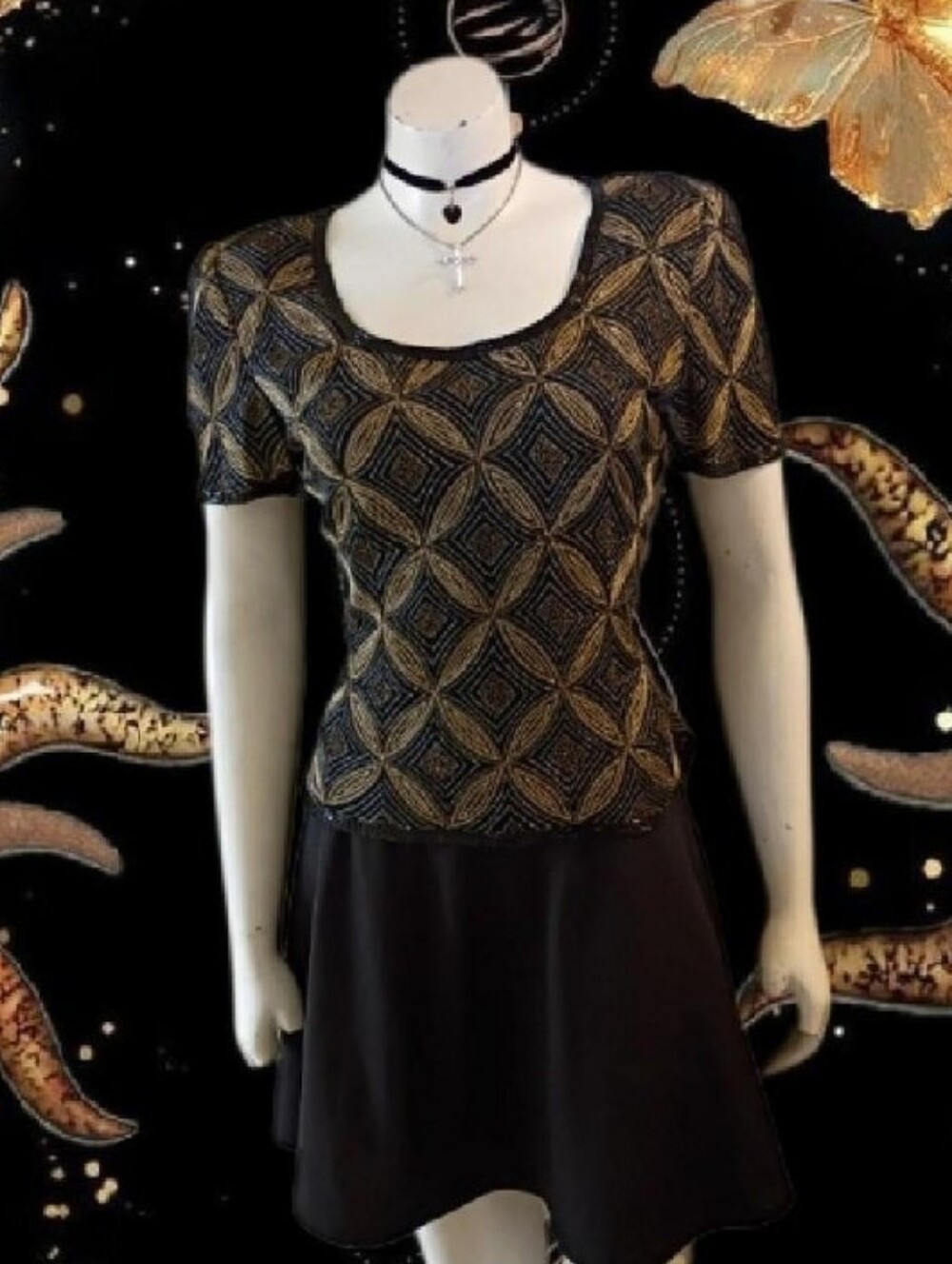 VTG 90s Papell Evening Black & Gold 100% Silk Beaded/Embroidered Blouse SZ M